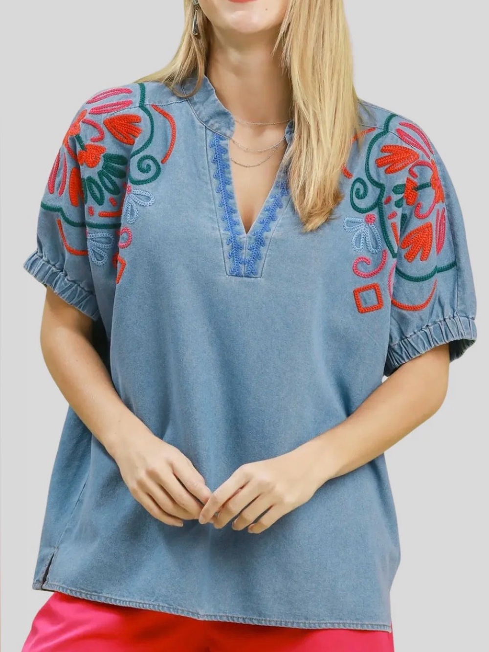 Umgee Denim-Blue Embroidered V-Neck Tunic with Red & Green Accents